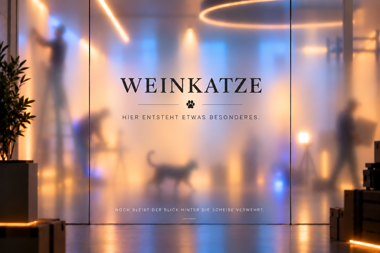 WEINKATZE – Hier entsteht etwas Besonderes. Noch bleibt der Blick hinter die Scheibe verwehrt.